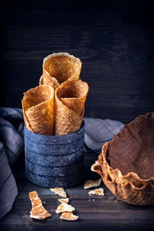 Waffle sweet cones for ice cream in the cupの写真素材