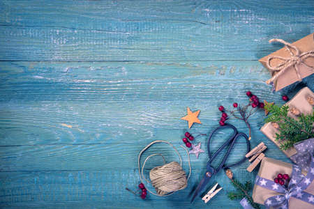 Christmas vintage gifts on a wooden backgroundの写真素材