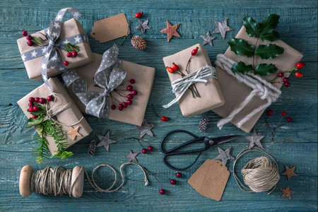 Christmas vintage gifts on a wooden backgroundの写真素材