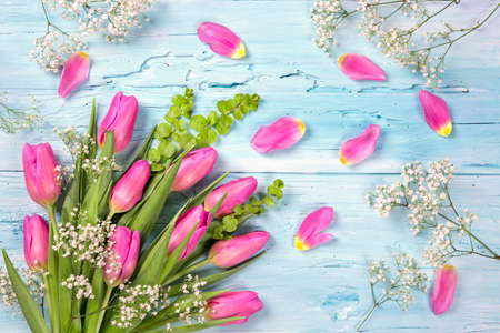 Pastel colored flowers on a blue backgroundの写真素材
