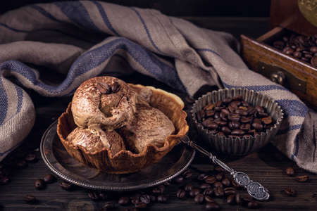 Coffee ice cream in the waffle bowlの写真素材