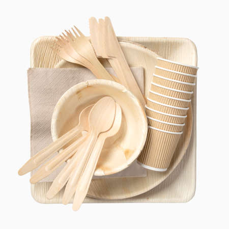 Eco friendly disposable tableware isolated on a white backgroundの写真素材