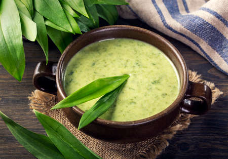 Ramsons cream soup in a white bowlの写真素材