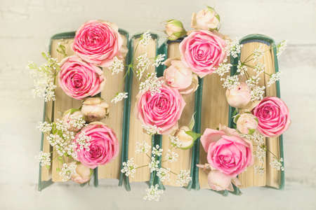 Pink flowers and the old books on a white backgroundの写真素材