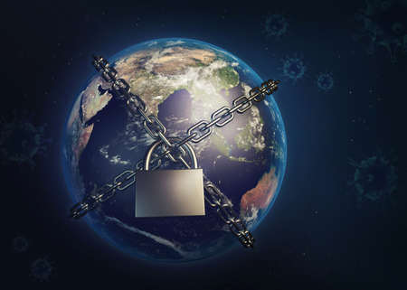 Planet Earth locked with chain. Lockdown concept. 3D illustration.の写真素材