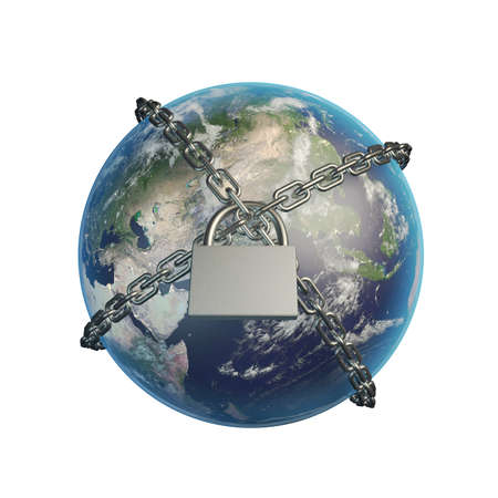 Planet Earth locked with chain. Lockdown concept. 3D illustration.