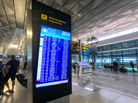 Jakarta, Indonesia - April 19, 2023 : Plane departure notice board inside Soekarno Hatta International Airport Departure Terminal 3 Ultimateのeditorial素材