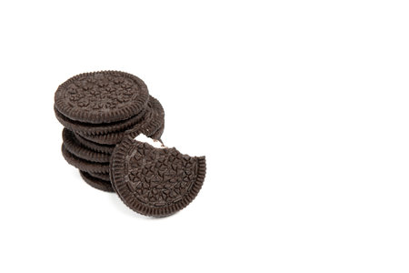 Closeup of chocolate wafers cookies with cream isolated on white background.の写真素材