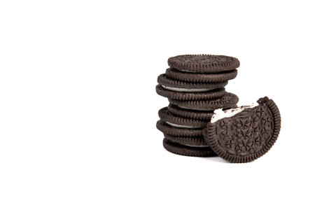 Closeup of chocolate wafers cookies with cream isolated on white background.の写真素材