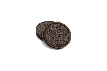 Closeup of chocolate wafers cookies with cream isolated on white background.の写真素材