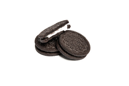 Closeup of chocolate wafers cookies with cream isolated on white background.の写真素材
