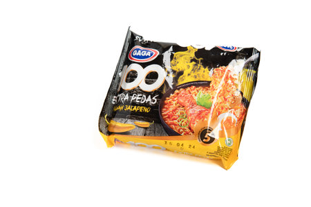 Jakarta, Indonesia - September 2, 2023: Instant noodle soup Gaga with jalapeno flavor isolated white backgroundのeditorial素材