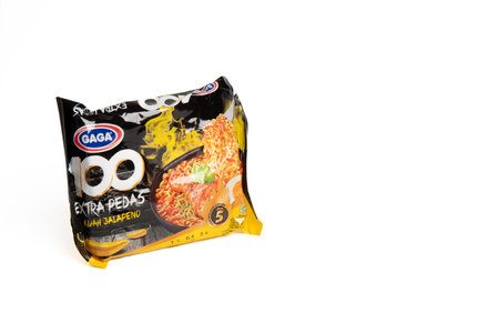 Jakarta, Indonesia - September 2, 2023: Instant noodle soup Gaga with jalapeno flavor isolated white backgroundのeditorial素材