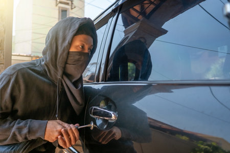 Car thief in mask tries to open car door with screwdriver. The thief tries to break the car window door.の写真素材