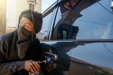 Car thief in mask tries to open car door with screwdriver. The thief tries to break the car window door.の写真素材