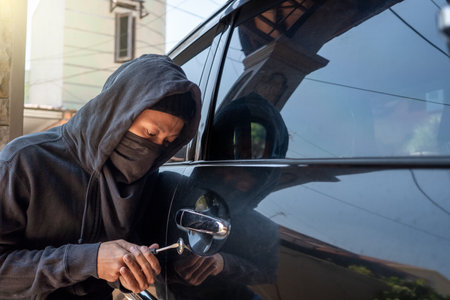 Car thief in mask tries to open car door with screwdriver. The thief tries to break the car window door.の写真素材