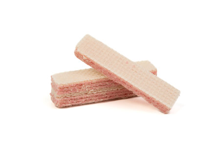 Raspberry flavored wafer biscuits, isolated on white background. Selective focus, soft focusの写真素材