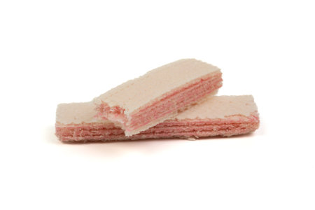 Raspberry flavored wafer biscuits, isolated on white background. Selective focus, soft focusの写真素材