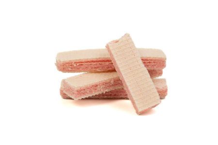 Raspberry flavored wafer biscuits, isolated on white background. Selective focus, soft focusの写真素材