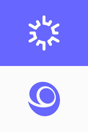 Two abstract symbols: a sun-like shape and a spiral design.
