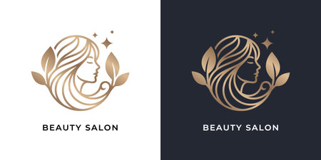 Beauty salon  featuring a woman's profile, golden leaves, and a circular design.のイラスト素材