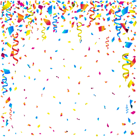 Celebration background with colorful falling confetti and party ribbons. Vector illustration.のイラスト素材