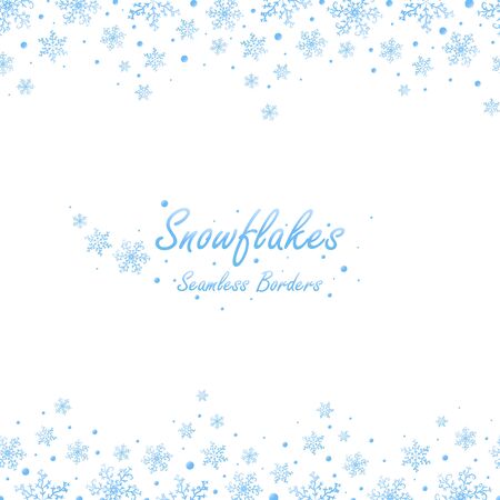 Seamless winter borders with light blue snowflakes on white background. Vector illustration.のイラスト素材