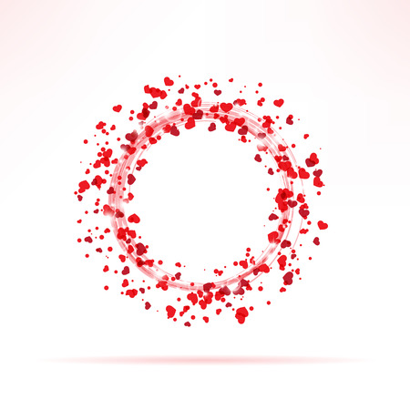 Romantic round frame with small red hearts and lights on white background. Vector illustration.のイラスト素材