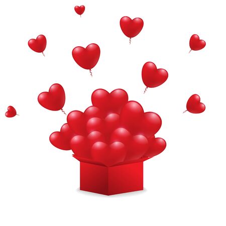 Red heart shaped balloons coming out of the box, on white background. Vector illustration.のイラスト素材