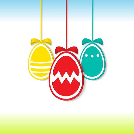 Easter background with three hanging colorful Easter Eggs. Vector illustration.のイラスト素材