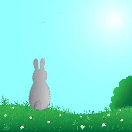 Rabbit sitting on the grass on foggy sky background. Vector illustration.のイラスト素材