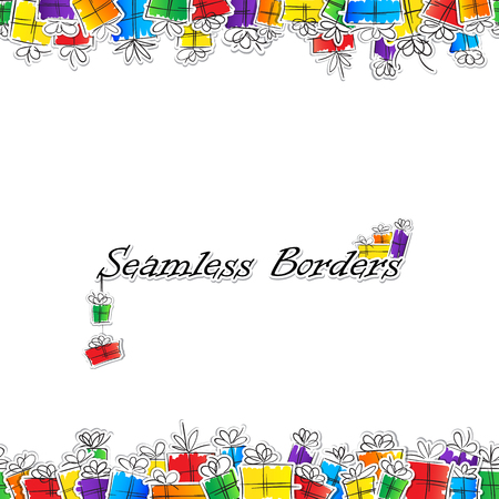 Seamless horizontal borders with bright and funny gift boxes stickers in rainbow colors on white background. Vector illustration.のイラスト素材
