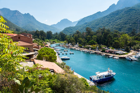 Corsica small porto, bay, mountainsのeditorial素材