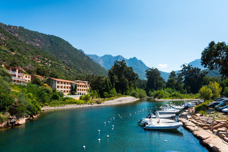 Corsica small porto, bay, mountainsのeditorial素材
