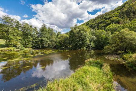 Landscape with reflection of water, clouds, forest, trees. Summer trip to lake.
