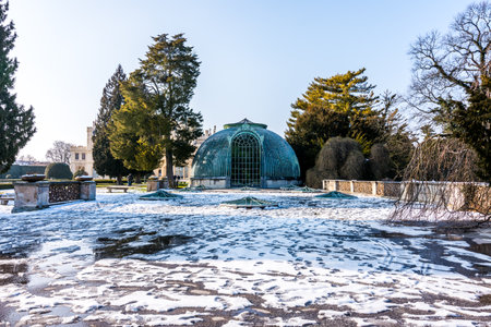 The greenhouse at Lednice castle, Czech republic. Winter and snowのeditorial素材
