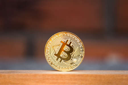 Gold bitcoin coin placed on the wood desk with brick red background. Symbol of virtual cryptocurrencyの写真素材
