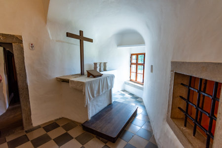 Predjama, Slovenia - 22.07.2018: Interior of medieval Predjama castle near the Postojna cave. Slovenia fortress and inner decorationsのeditorial素材