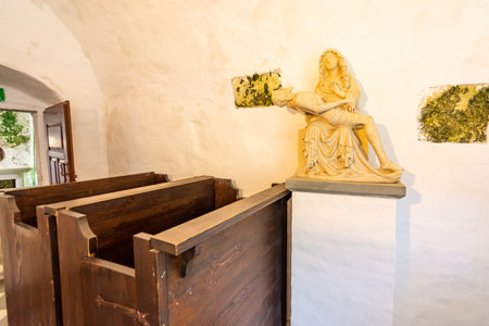 Predjama, Slovenia - 22.07.2018: Interior of medieval Predjama castle near the Postojna cave. Slovenia fortress and inner decorationsのeditorial素材