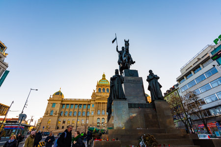 PRAGUE, CZECH REPUBLIC - 1.12.2018: The Wenceslas square (Vaclavske namesti in czech) statue near the national museum historical building. Old monument with tourist taking photos. National symbolのeditorial素材