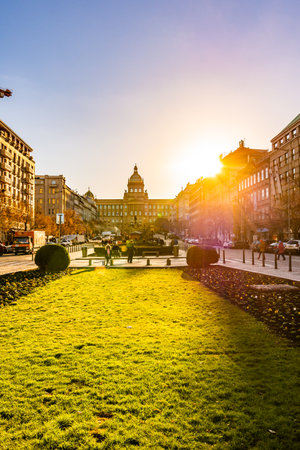 PRAGUE, CZECH REPUBLIC - 1.12.2018: The Wenceslas square (Vaclavske namesti in czech) statue near the national museum historical building. Old monument with tourist taking photos. National symbolのeditorial素材
