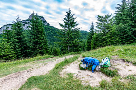 Tourist bagpack and krosna placed on the meadow near Maly Rozsutec mountain in Mala Fatra national park. Green and blue bags used by tourist for outdoor and touristic activities.の写真素材