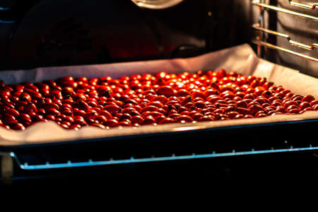Rose hips (latin name Fructus cynosbati) are drying in oven. Dried rose hips are important source of vitamins in alternative medicine. Colorful image of natural and herb ingredients.の写真素材