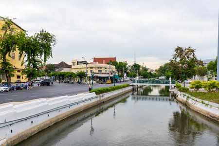 BANGKOK, THAILAND - 1.11.2019: River canal in Bangkok city.のeditorial素材