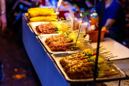 BANGKOK, THAILAND - 1.11.2019: Street market with street food, pubs and shops in Bangkok city. Night view of peoples walking on the road, shopping for food, chicken meal or fried insect.のeditorial素材