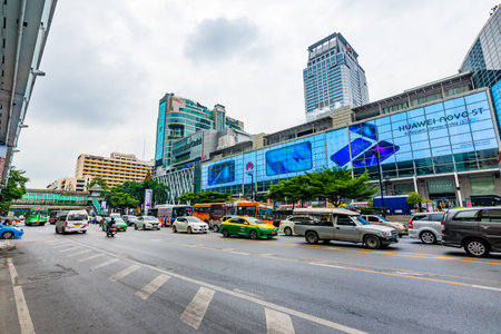 BANGKOK, THAILAND - 2.11.2019: Bangkok city street, view of traffic, cars, tuk tuks on the street....