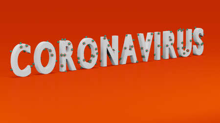 3D text "Coronavirus" covered by model of virus molecule of green and red color. Concept of warning textの写真素材
