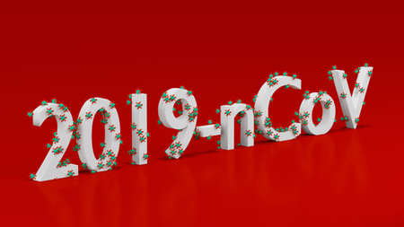 3D text "2019-nCoV" covered by model of virus molecule of green and red color.の写真素材