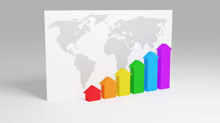 Rainbow colored arrows are growing from zero to up in front of white table with world map. Concept of growing world bussines, economic and financial. Modern design, graph style. 3D render.の写真素材