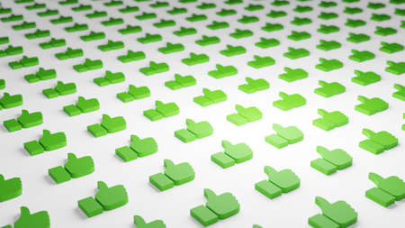 Set of green colored thumb up 3D models placed on white desk. Light effect with gradient shadow....